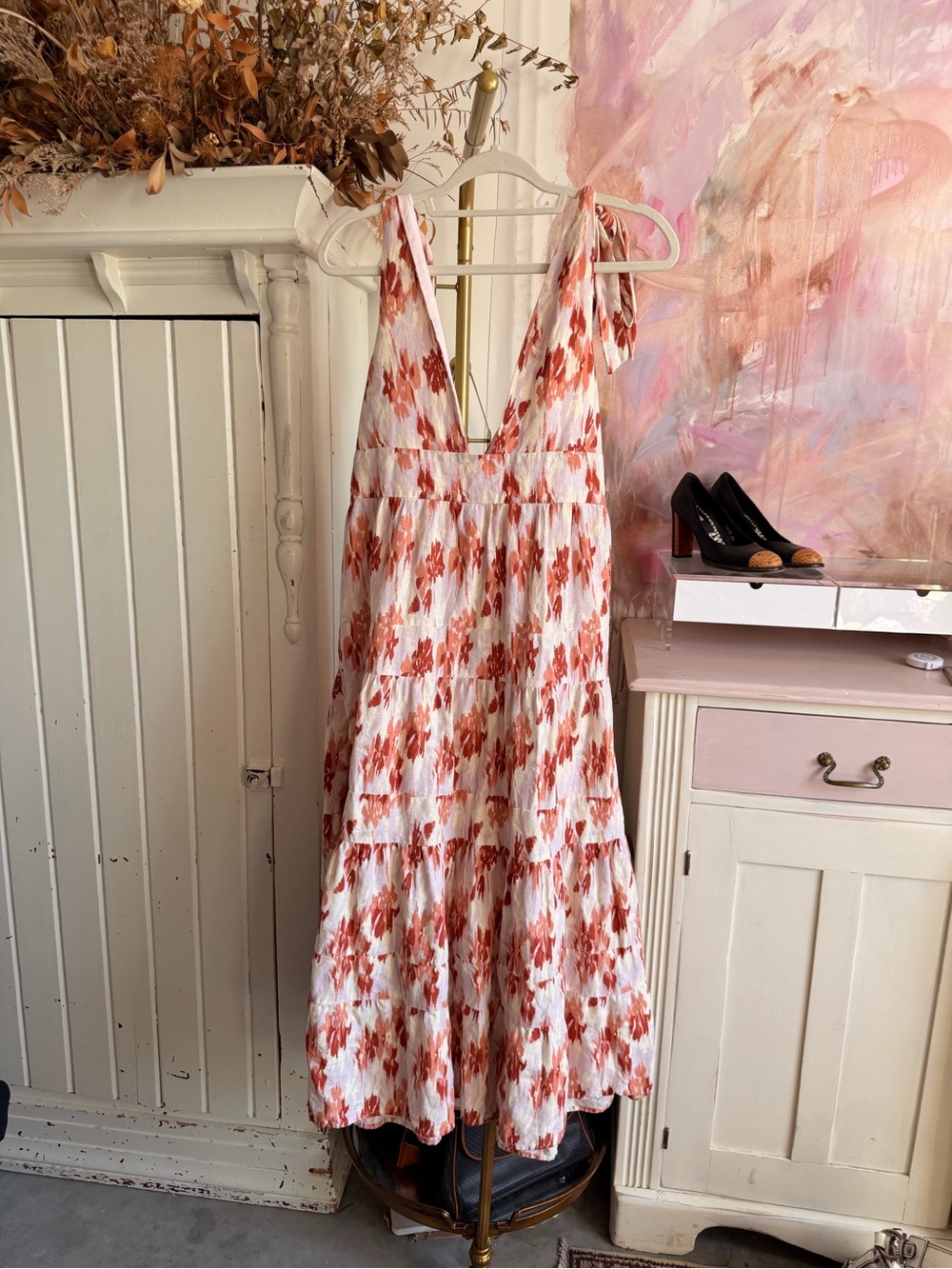 House of Harlow 1960 White and Rust Tie-Shoulder Floral Maxi Dress